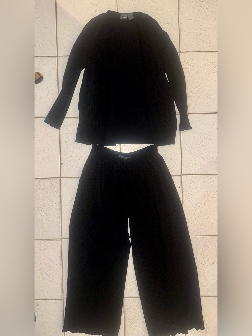 Black Ribbed Wide-Leg Lounge Pants with Matching Top Set